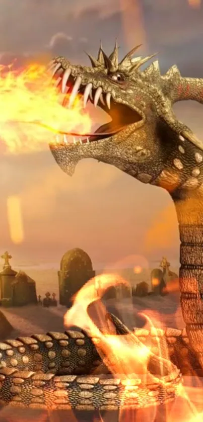 Epic dragon breathing fire with a mystical background.