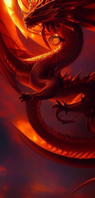 Fiery red dragon flying against dark sunset sky.