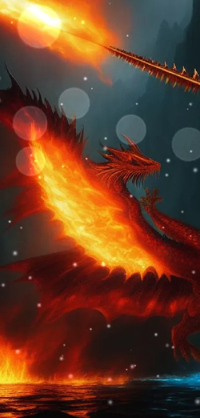 Dark fantasy wallpaper with a fiery red dragon breathing flames.