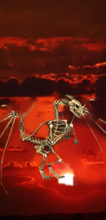 Skeleton dragon flying in fiery red sky.