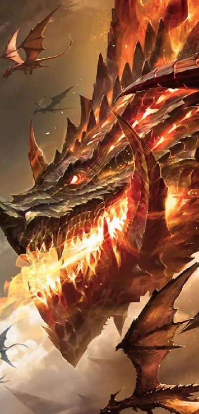 Fiery dragon soaring amidst flames in a fantasy scene.