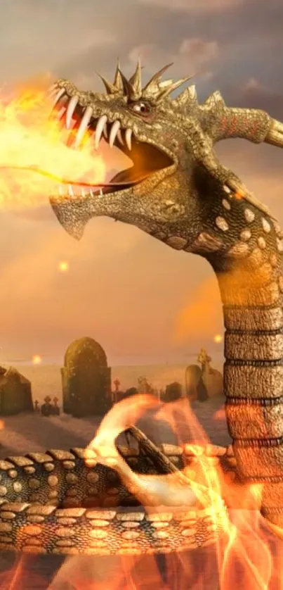 Epic dragon breathing fire in a desert landscape with a dramatic sunset background.