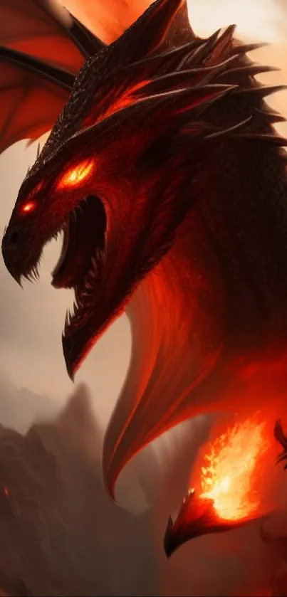 Fiery dragon with glowing eyes and flames in a fantasy scene.