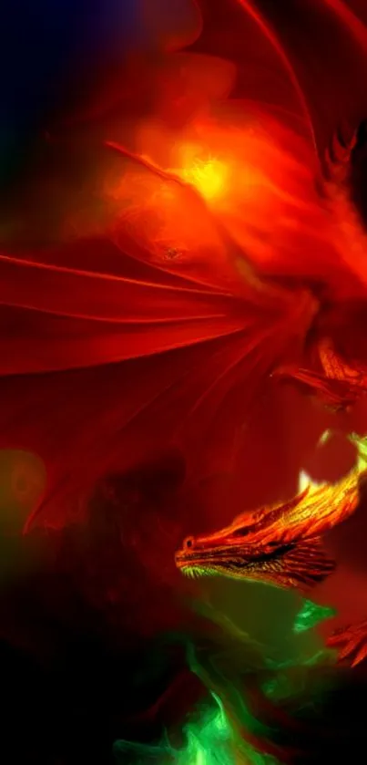 A vibrant fiery dragon in a mystical fantasy setting with red and green hues.