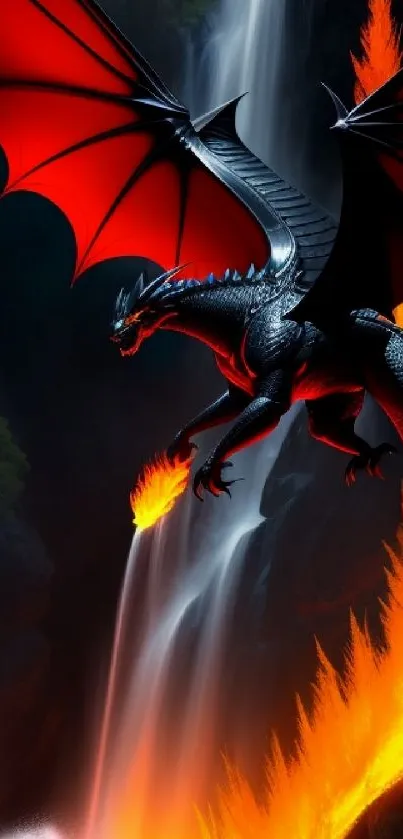 Fiery dragon flying over a blazing landscape in a fantasy setting.