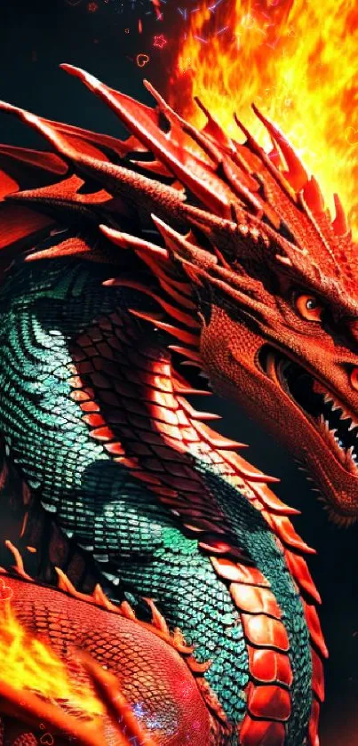 Fiery dragon with flames in vibrant hues on a dark background.