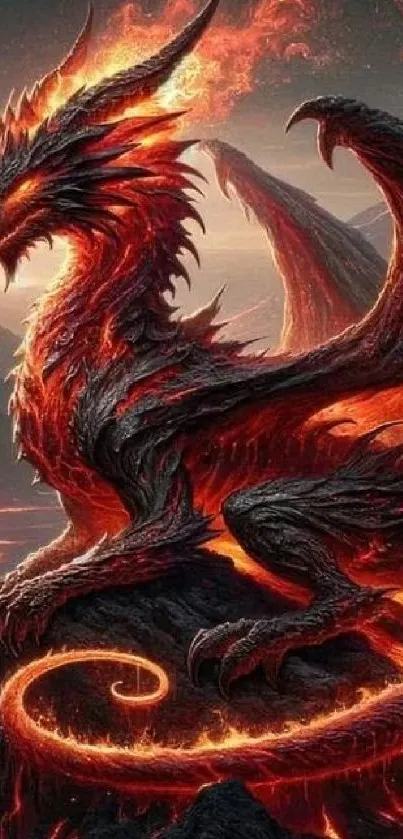 Fiery dragon in a volcanic landscape setting.