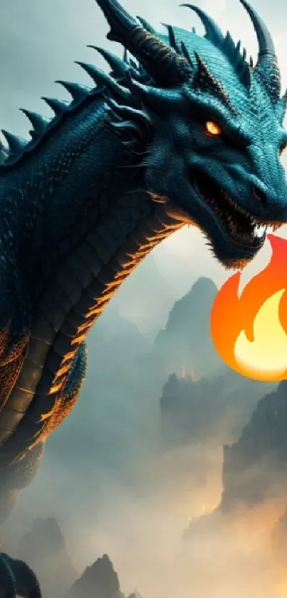 Fantasy dragon breathing fire in a mountain landscape wallpaper.