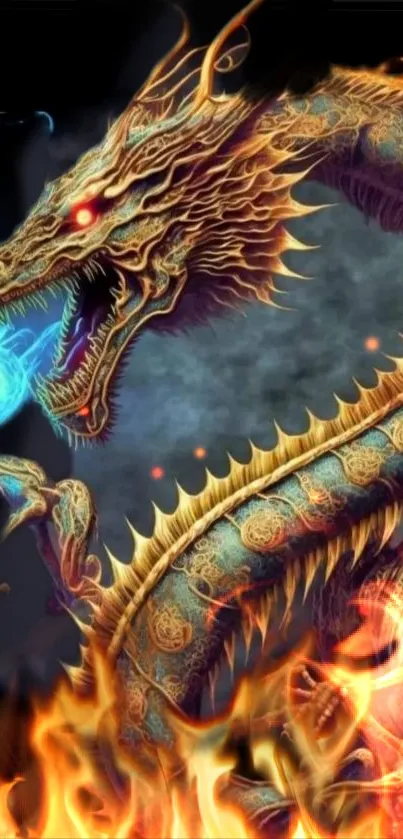 Epic dragon breathing fire with vibrant flames and mystical aura.