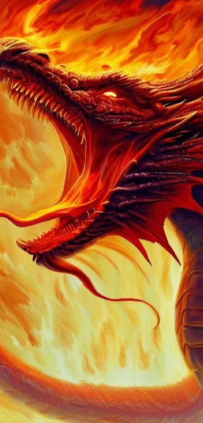 Fiery dragon with flames in vibrant fantasy design.