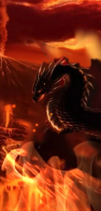 Fiery dragon with volcano backdrop in dark wallpaper.