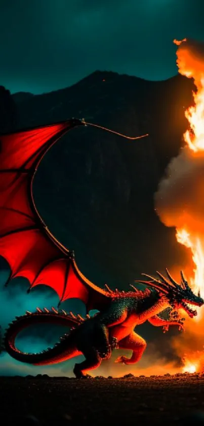 A majestic red dragon breathing fire at night in a fantasy landscape.