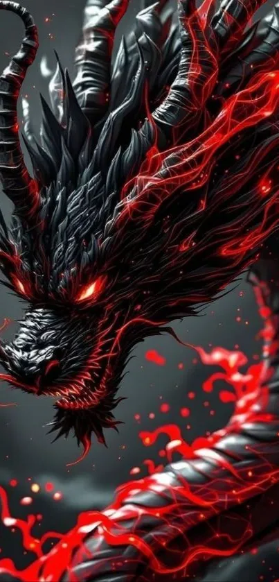 Fiery black dragon with red flames in fantasy art.