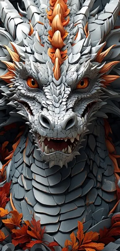 Fiery dragon with gray scales and orange accents on a fantasy wallpaper.