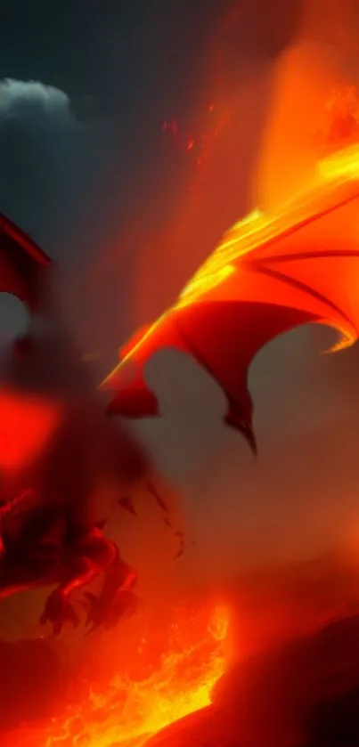 Dragon flying over a fiery landscape with flames and vibrant colors.