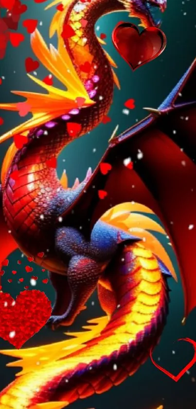 Fiery dragon with hearts mobile wallpaper, vibrant and fantasy-inspired.