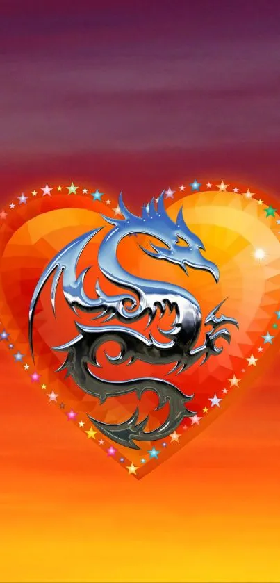 Fiery dragon within a heart on vivid orange background.