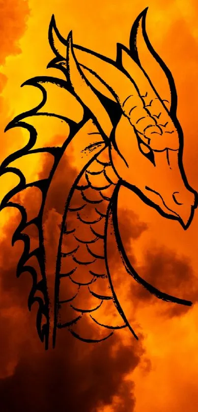 Black dragon illustration on fiery orange sky wallpaper.