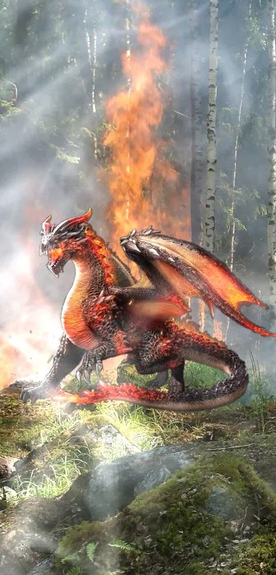 Fiery dragon in enchanted forest setting, flames illuminating the scene.