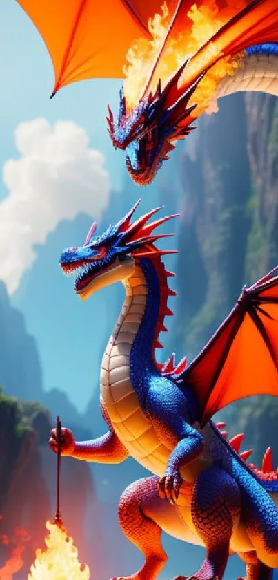 Fiery dragon with red wings in a mountain landscape, breathing fire.