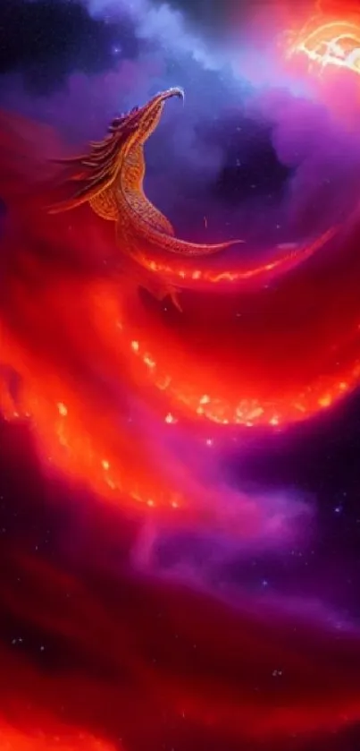 Fiery red dragon soaring through a cosmic purple sky.