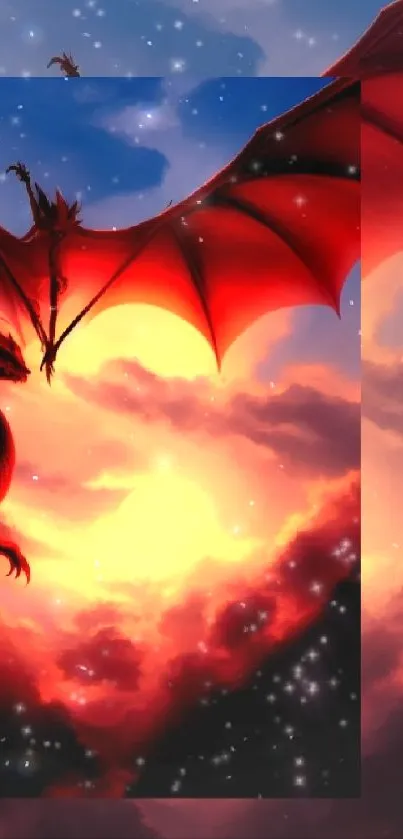 Fiery red dragon flying against sunset sky in mobile wallpaper.