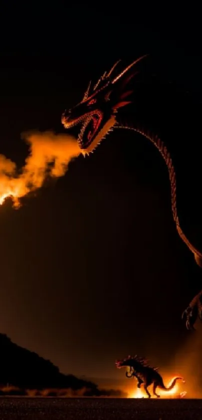 A dragon breathes fire in a dark, night sky setting.