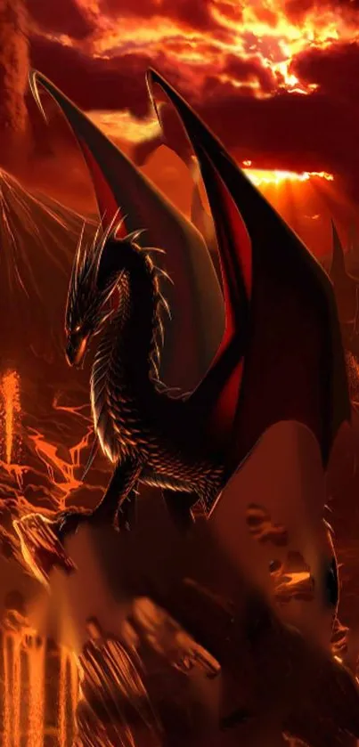 Epic dragon in a volcanic, fiery landscape mobile wallpaper.