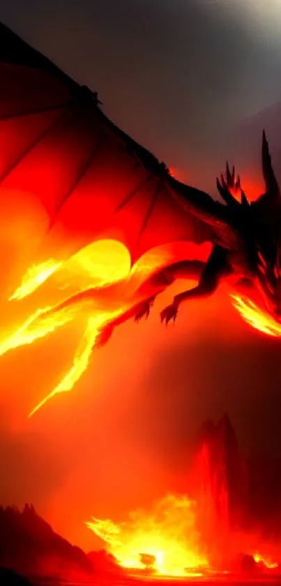 Fiery dragon soaring through a volcanic sky, vibrant mobile wallpaper.