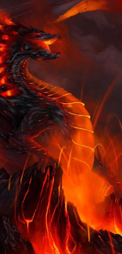 Fiery dragon emerging from a volcano, with vivid lava and smoke.