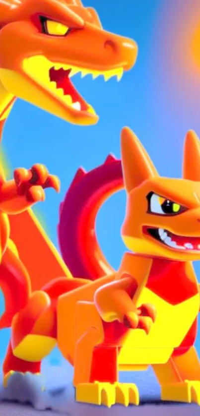 Vibrant Lego dragons with fiery orange colors on a playful background.