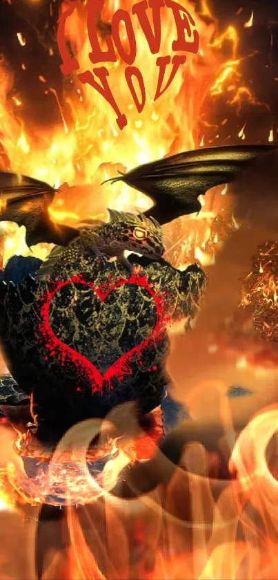 Fiery dragon with 'I Love You' text and heart, burning in vibrant flames.