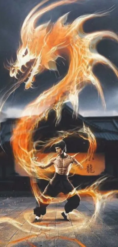 Fiery dragon encircling martial artist in an electrifying scene.