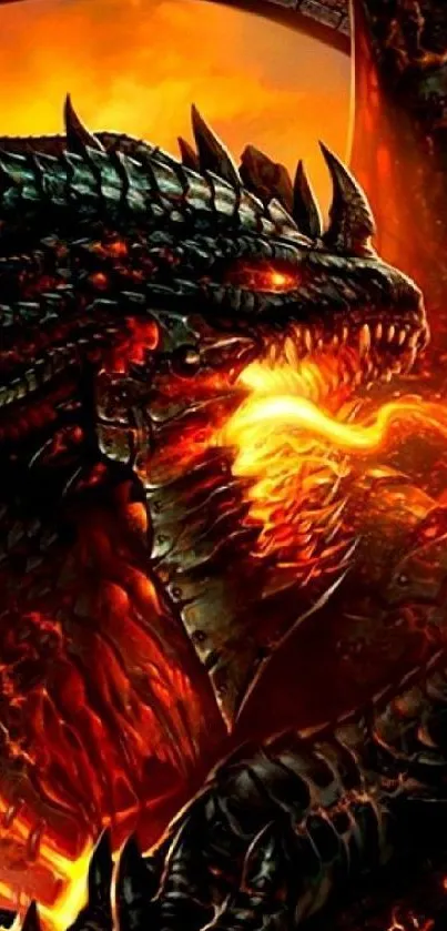 Fiery dragon breathing flames in vibrant artwork.