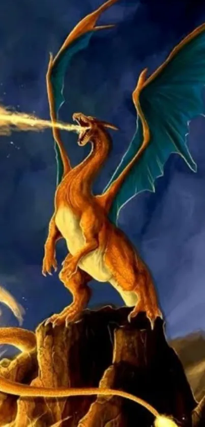 Fiery dragon breathing fire on a cliff with vibrant colors.