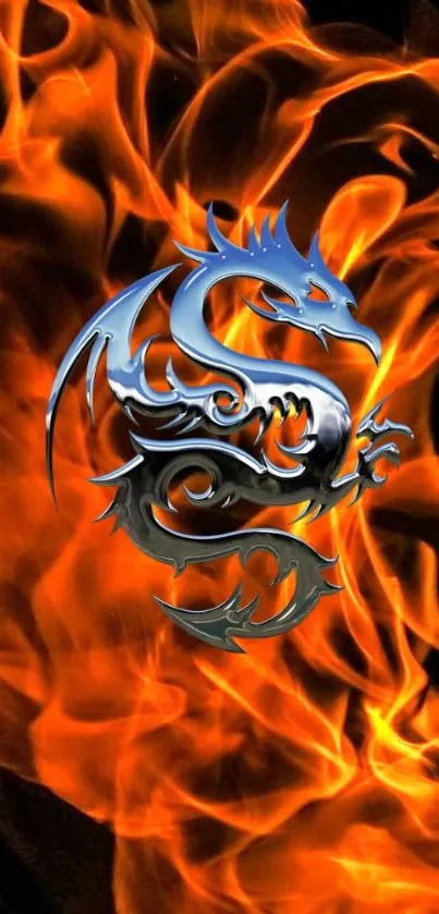 Fiery orange dragon design mobile wallpaper with flames.