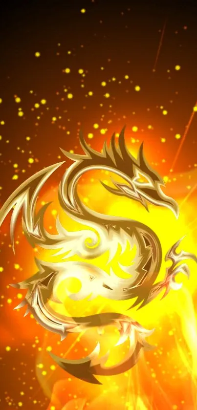 A golden dragon silhouette on a fiery background with yellow and orange hues.