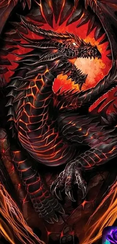 Fiery dragon with glowing red accents on black background.