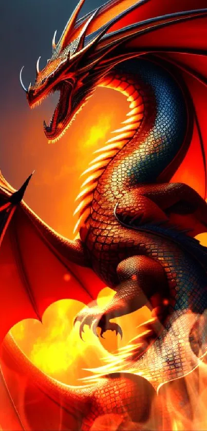 Fiery red dragon in vibrant detail.