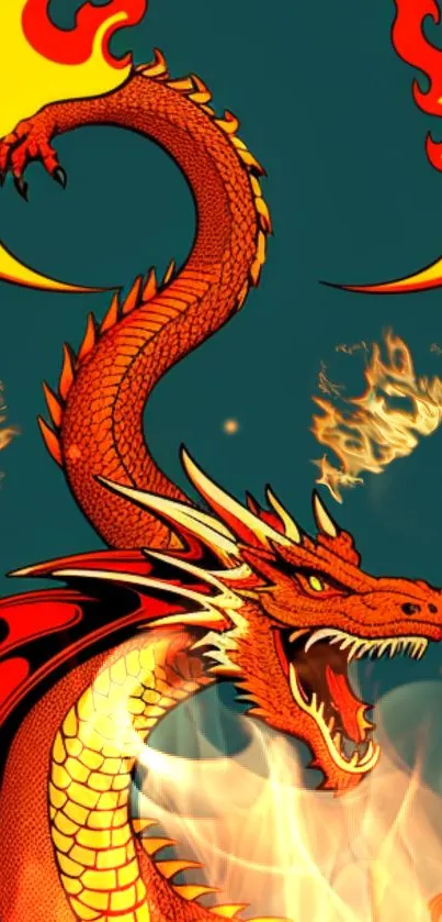 Vibrant orange dragon with fiery flames on a mobile wallpaper.