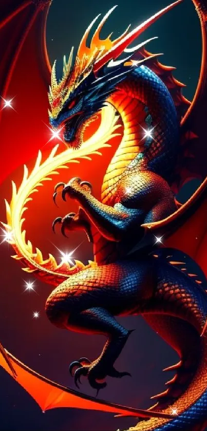 A vibrant fiery dragon spiraling in vivid reds on a mobile wallpaper.