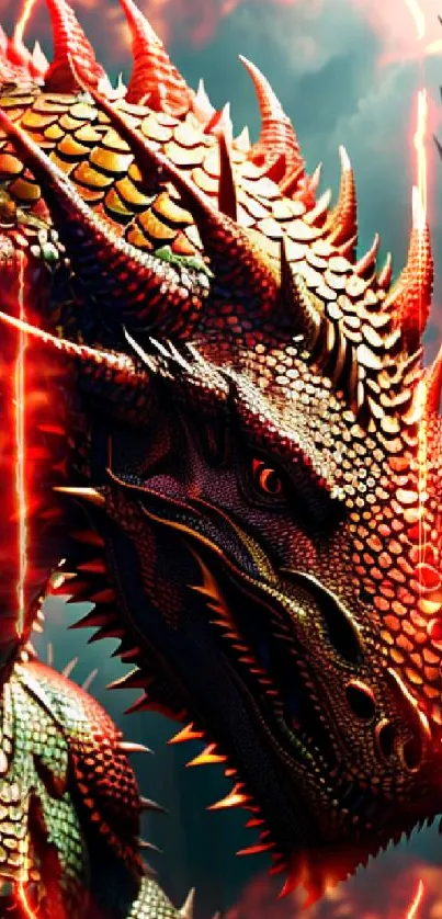 Fiery dragon illustration with vibrant red scales and spikes in a fantasy style.