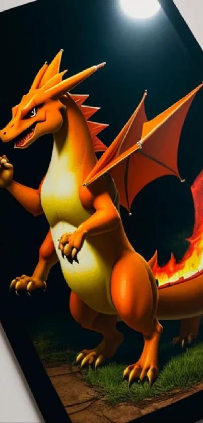 Mobile wallpaper featuring a fiery dragon with an orange tail flame.