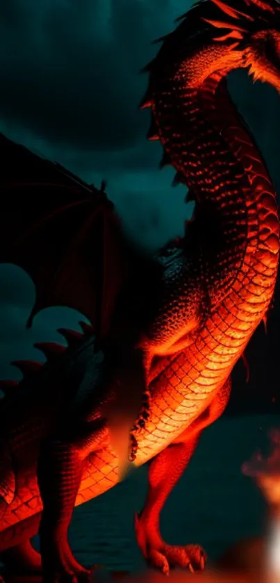 Fiery red dragon breathing fire in a mystical, dark scenery.