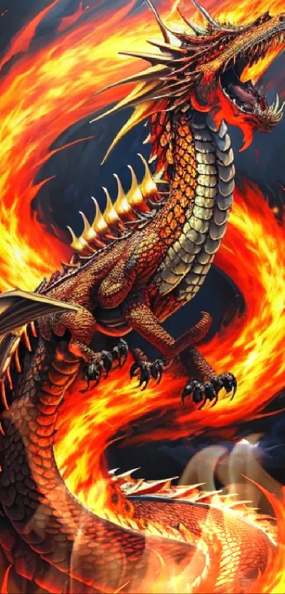 Fiery dragon surrounded by flames on a dark mobile wallpaper.