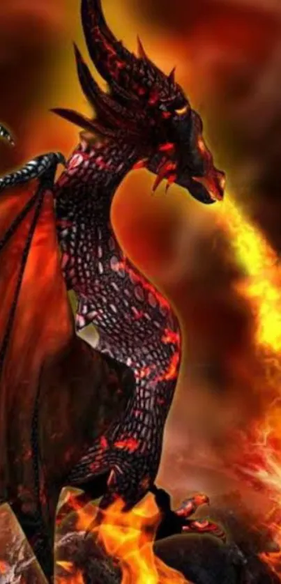 Fiery dragon breathing fire in vibrant flames.