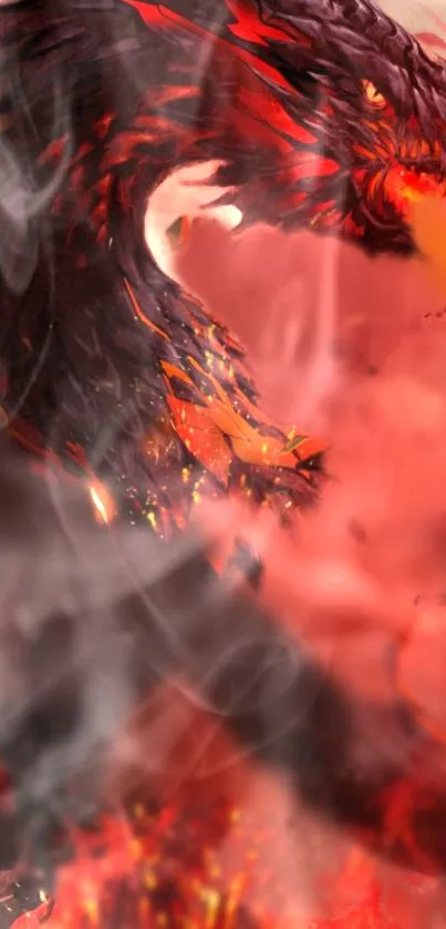 Fiery dragon breathing flames on a dark backdrop.