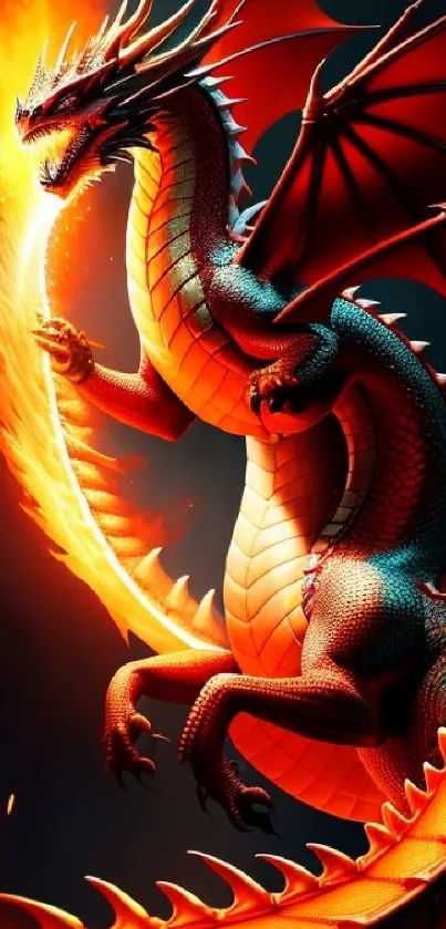 A fiery dragon with glowing flames and vivid colors in a mobile wallpaper design.