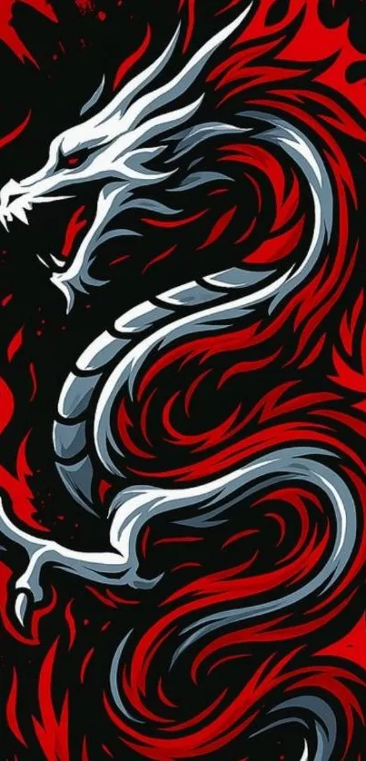Fiery dragon artwork on a vibrant red background.