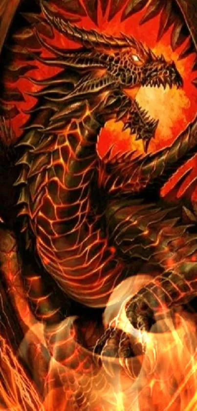 Fiery dragon artwork with orange flames and dark background.